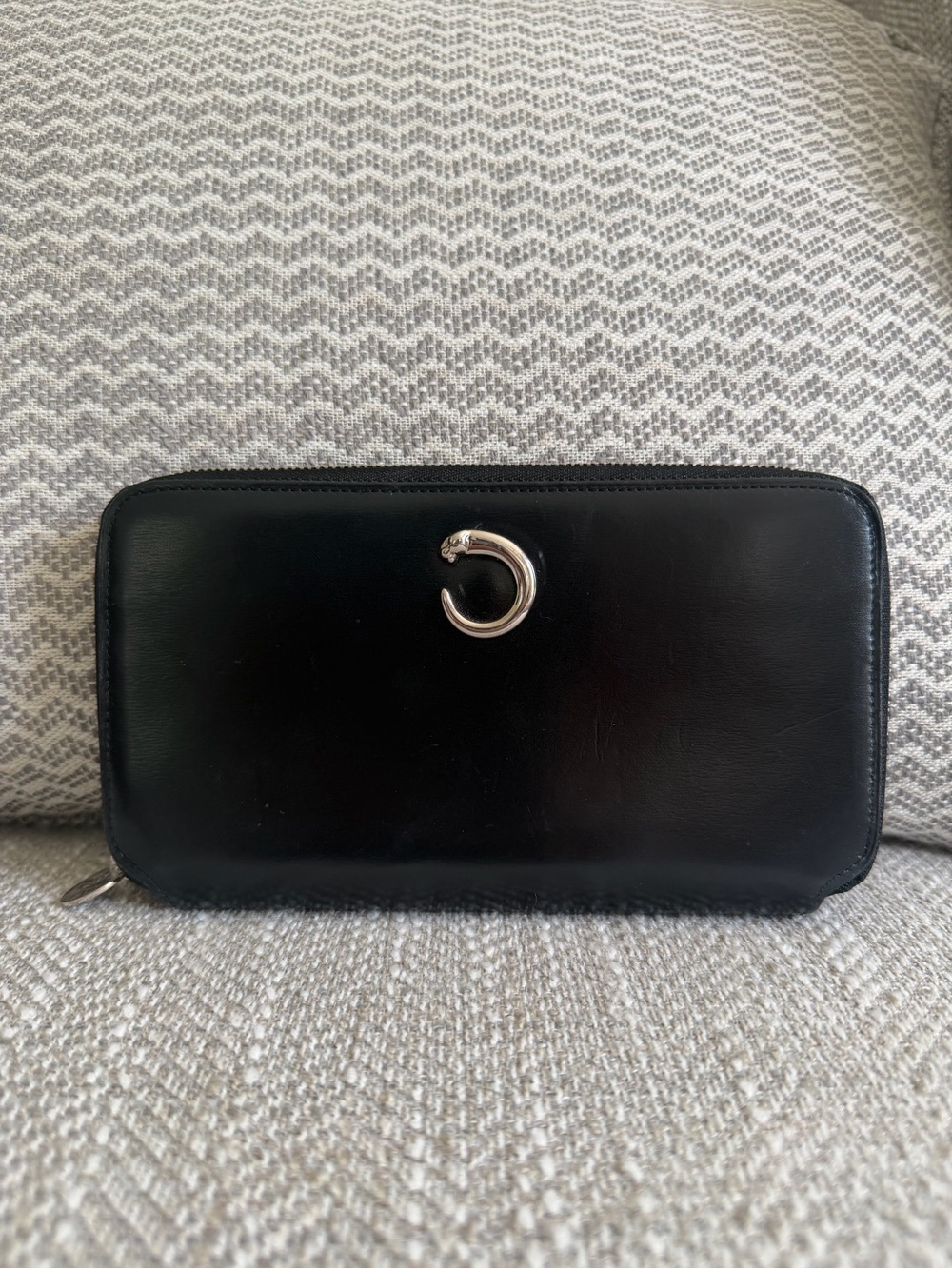 Cartier Panthère Black Leather Zip Around Long Wallet Silver Panthère Hardware